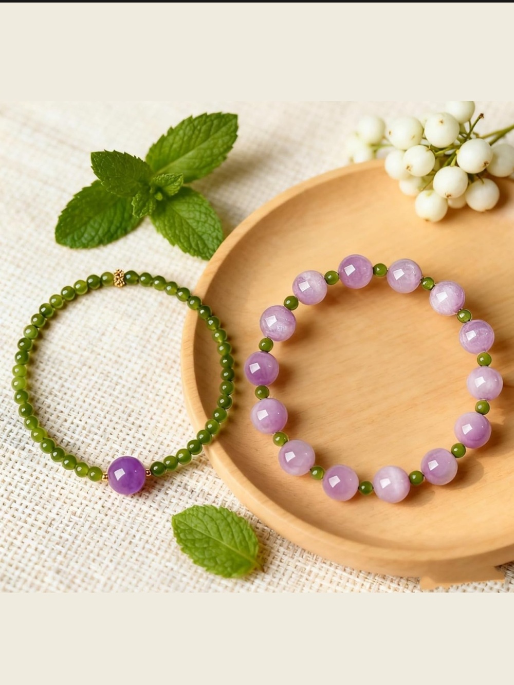 🆕New Natural Gemstone Bracelets, Kunzite and Jade Bead Mix, 8mm & 4mm